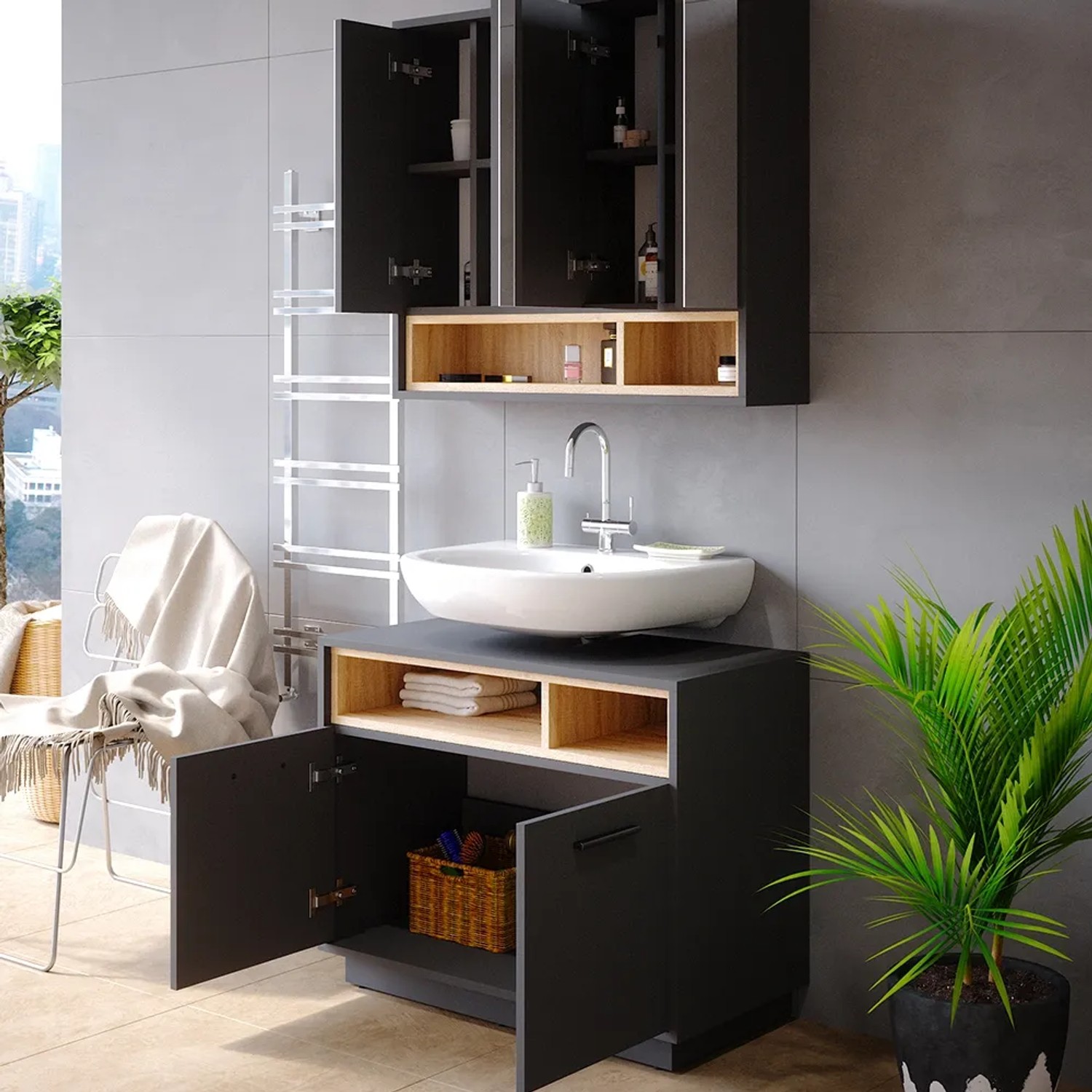 Vicco Armoire de toilette Beatrice, Gris/Anthracite, 80x72cm | Leroy Merlin