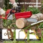 Wiltec Sägebock mit Kettensägenhalter, verzinkt, klappbar. Person sägt Holzstamm (max. 20 cm) mit Kettensäge.