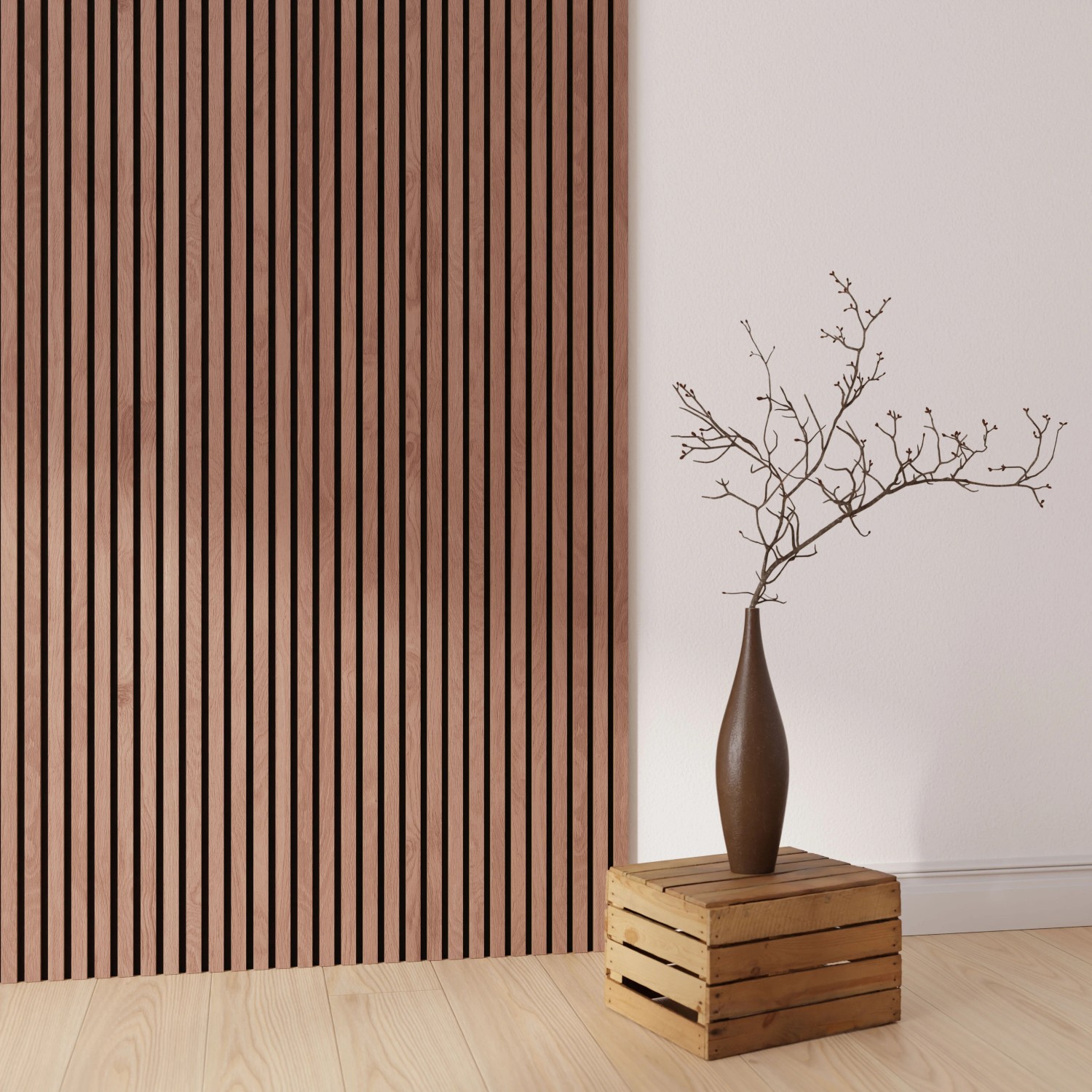 Akustikpaneel Wandverkleidung Walnuss Natur auf Schwarz, verbessert Raumklang.