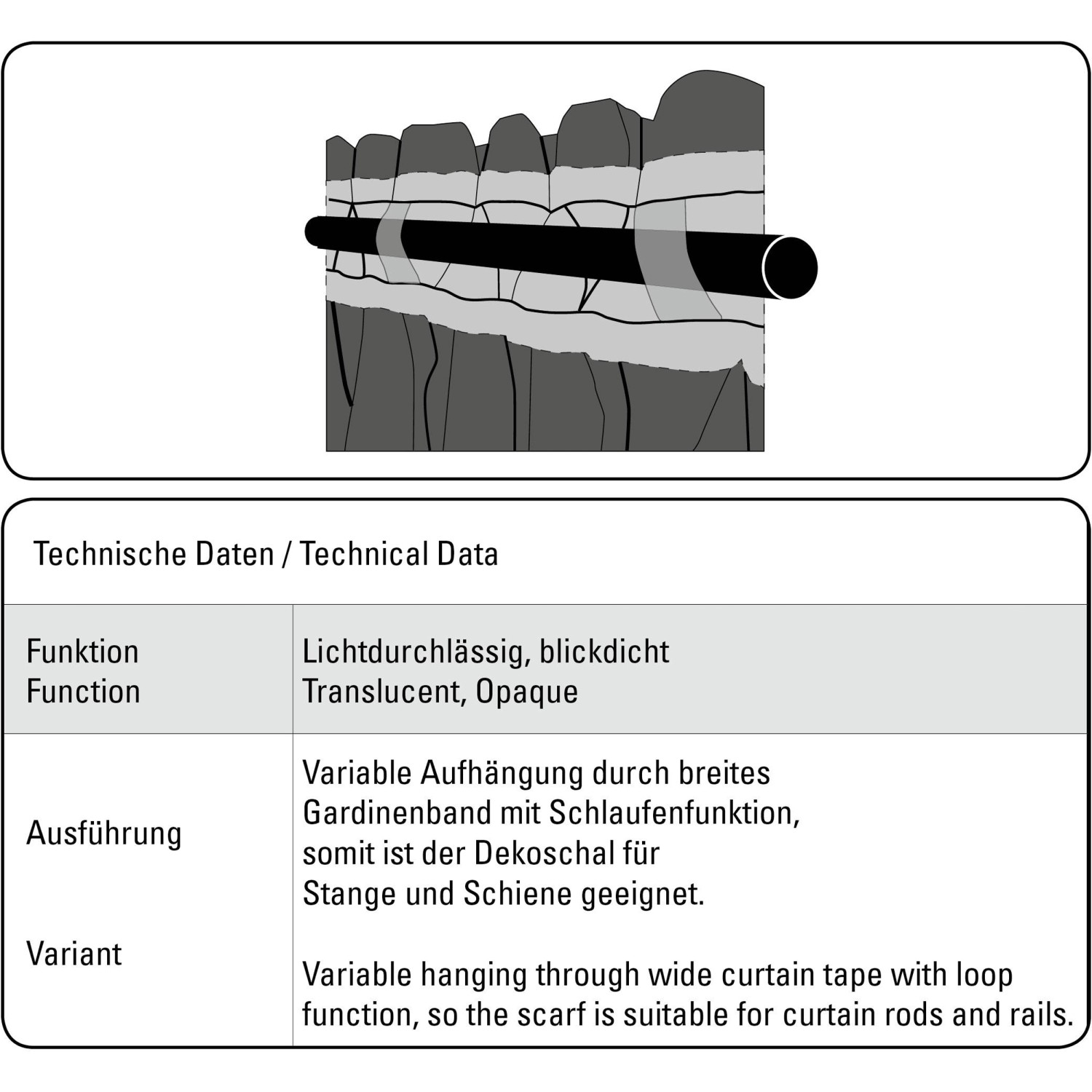 Detailaufnahme: Bennetti Schal Grau mit Gardinenband für Vorhangstange/Schiene.