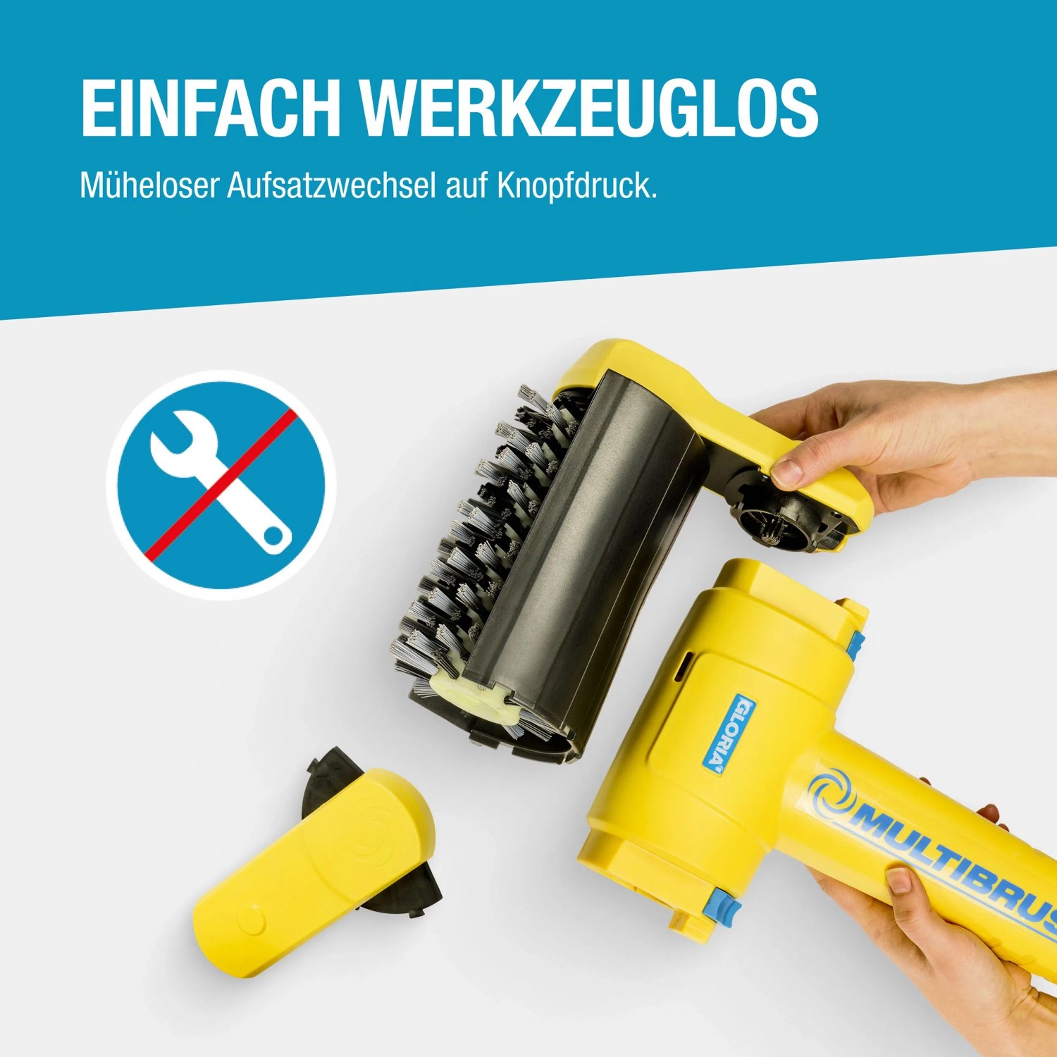 Gloria MultiBrush speedcontrol Plus mit Aufsätzen für Stein-, Holz- & Fugenreinigung. Werkzeugloser Wechsel.