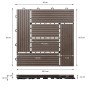 ECD Germany WPC Terrassenfliesen 30x30cm, 55er Set, dunkelbraune Holzoptik mit Maßangaben.