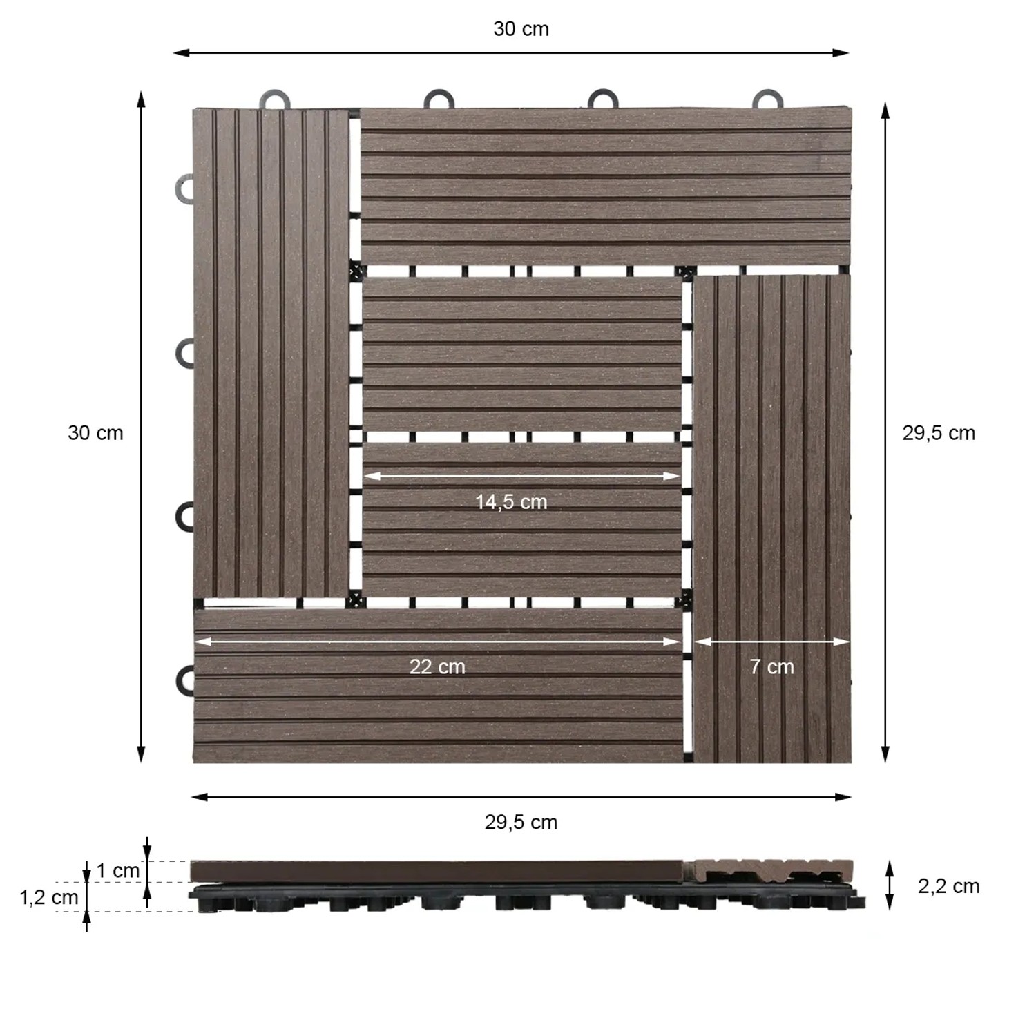 ECD Germany WPC Terrassenfliesen 30x30cm, 55er Set, dunkelbraune Holzoptik mit Maßangaben.