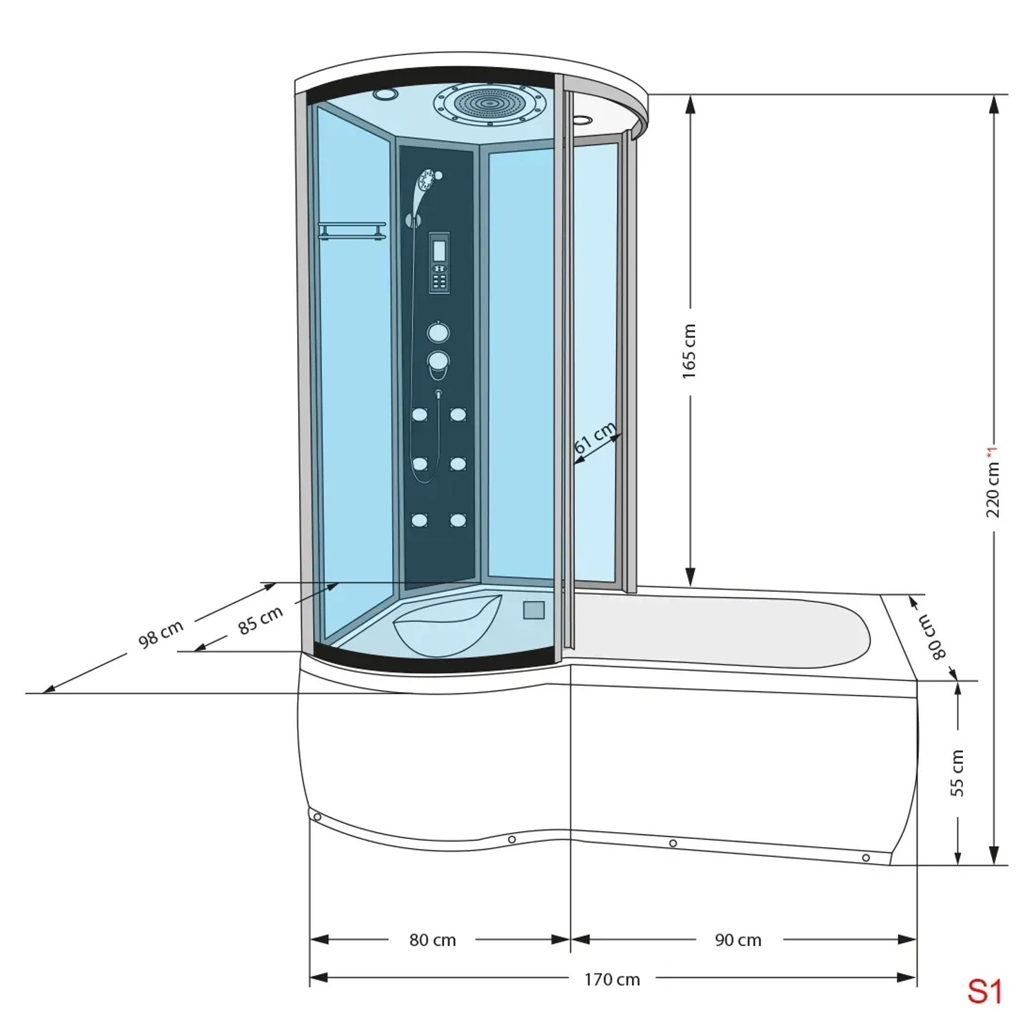 AcquaVapore Duschtempel 100x170 als Kombination aus Dusche und Badewanne mit Maßangaben.