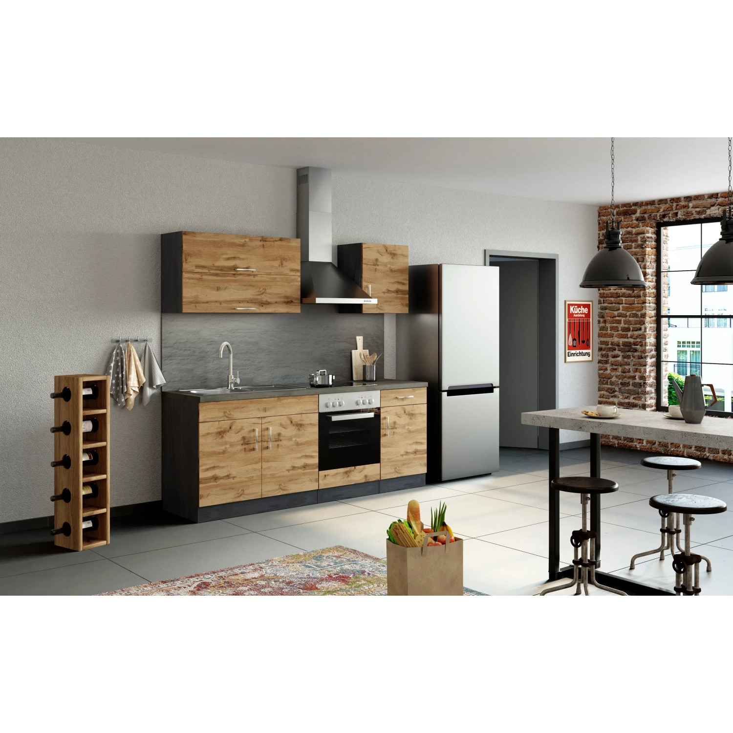 Moderne Küchenzeile Sorrento 210 cm in Wotaneiche-Grafit mit E-Geräten und Spüle.
