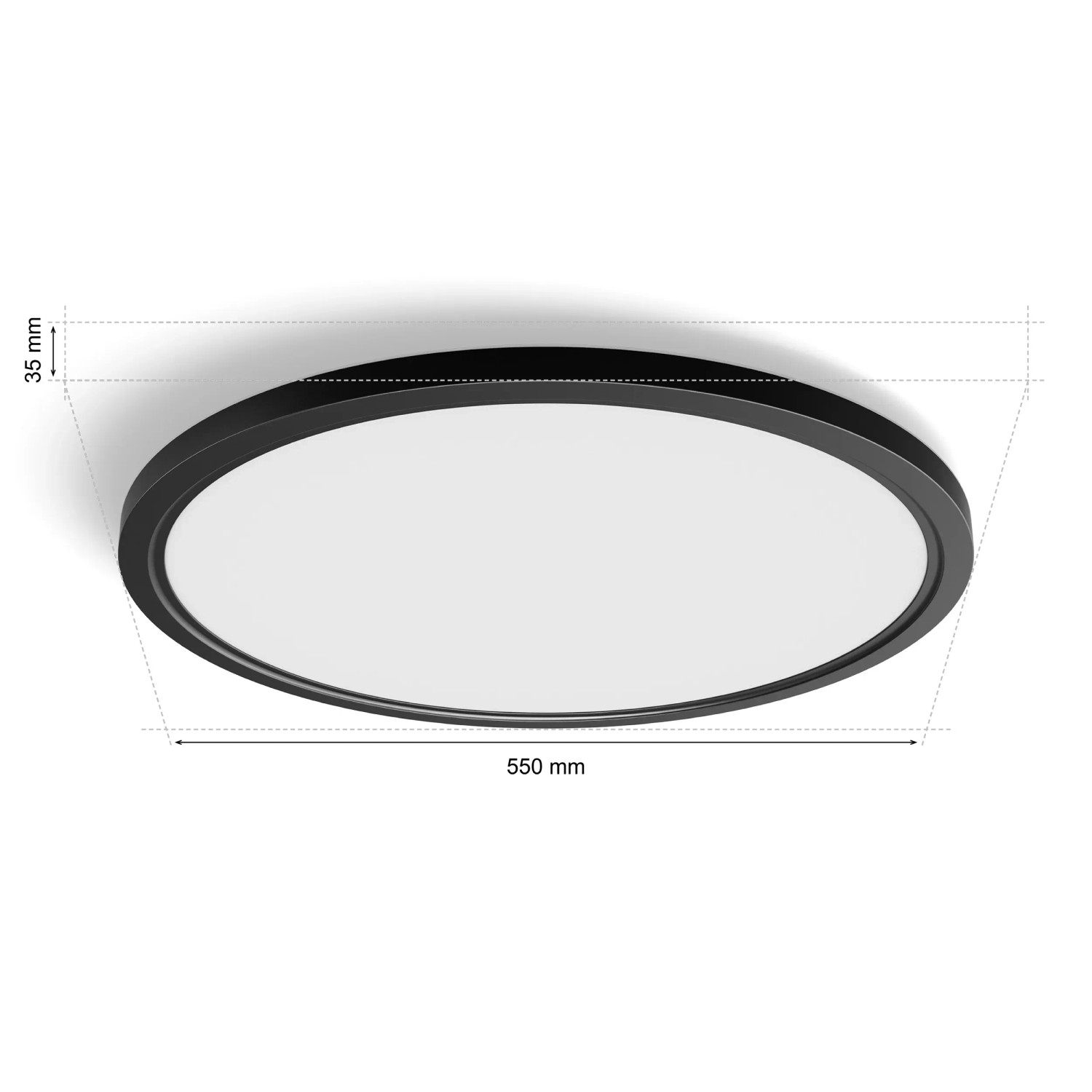 Runde, schwarze Philips Hue LED Deckenleuchte Tento XL mit Farbfunktion und Maßangaben.