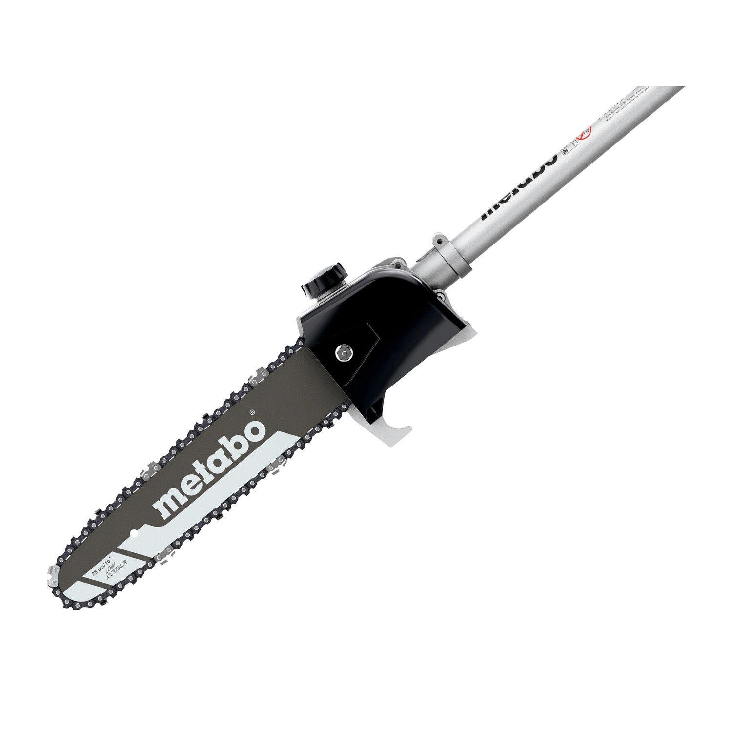 Metabo Hochentaster-Aufsatz MA-MS 25 für Akku-Heckenscheren, mit Sägekette und Metabo Logo.