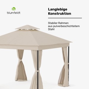 Beiger Blumfeldt Mondo Dual Pavillon 3x3 m mit Doppeldach und Moskitonetzen.