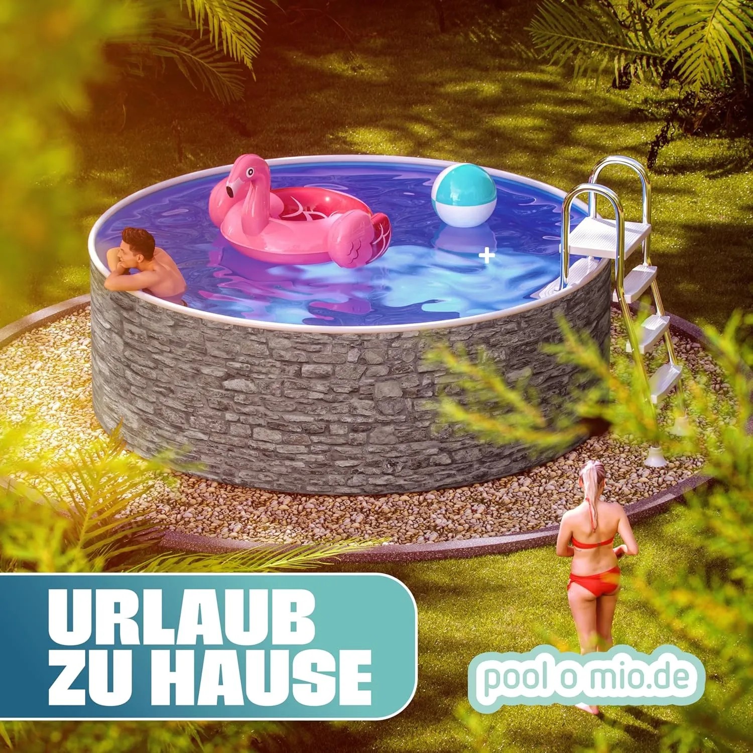 Runder Poolomio Stahlwandpool in Steinoptik mit Leiter, Skimmer und Poolfolie im Garten.