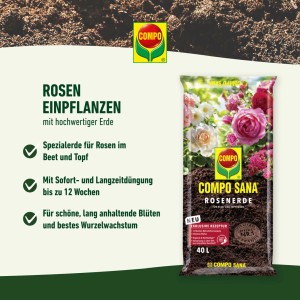 Compo Sana Rosenerde, 40L Sack. Spezialerde für Rosen, mit Nährstoffen für bis zu 12 Wochen.