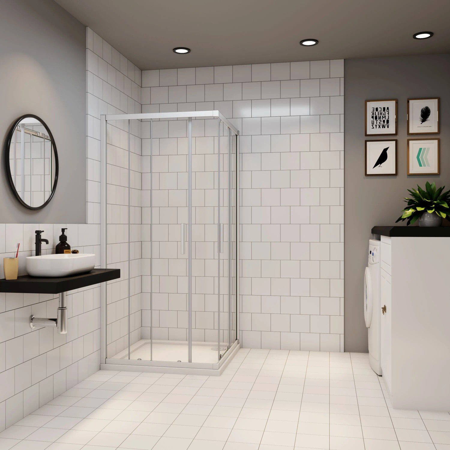 AICA Duschkabine Eckeinstieg 80x80cm mit Schiebetür aus ESG-Glas im Badezimmer.