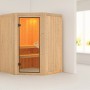Karibu Sauna Natur aus Fichte mit Glastür und zwei Liegen im Innenraum.
