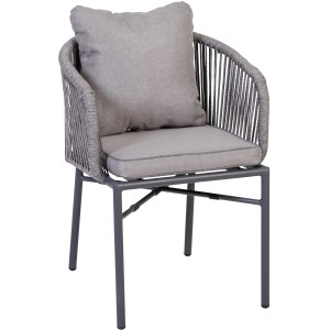 Greemotion Stapelsessel Calgary, anthrazitfarbenes Aluminiumgestell mit grauen Seilen und Kissen.