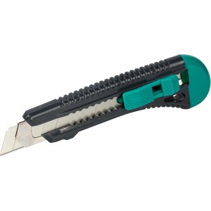Wolfcraft Abbrechklingenmesser, 18 mm, mit grau-grünem Kunststoffgehäuse und Metallschiene.