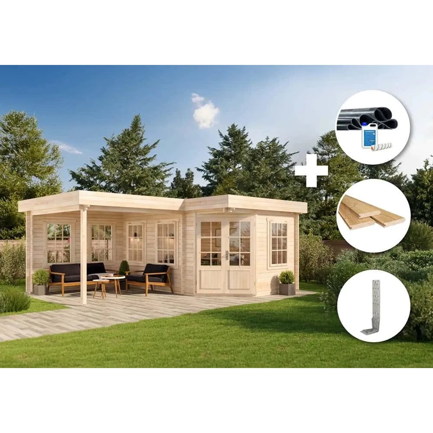 Alpholz Gartenhaus Set Pepe, 5-Eck, imprägniert in Pinie, mit Dacheindeckung und Fußboden.