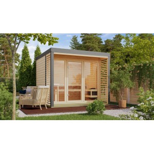 Karibu Saunahaus Seros 3 in Naturbelassen/Graualuminium mit Terrasse und großem Fenster.