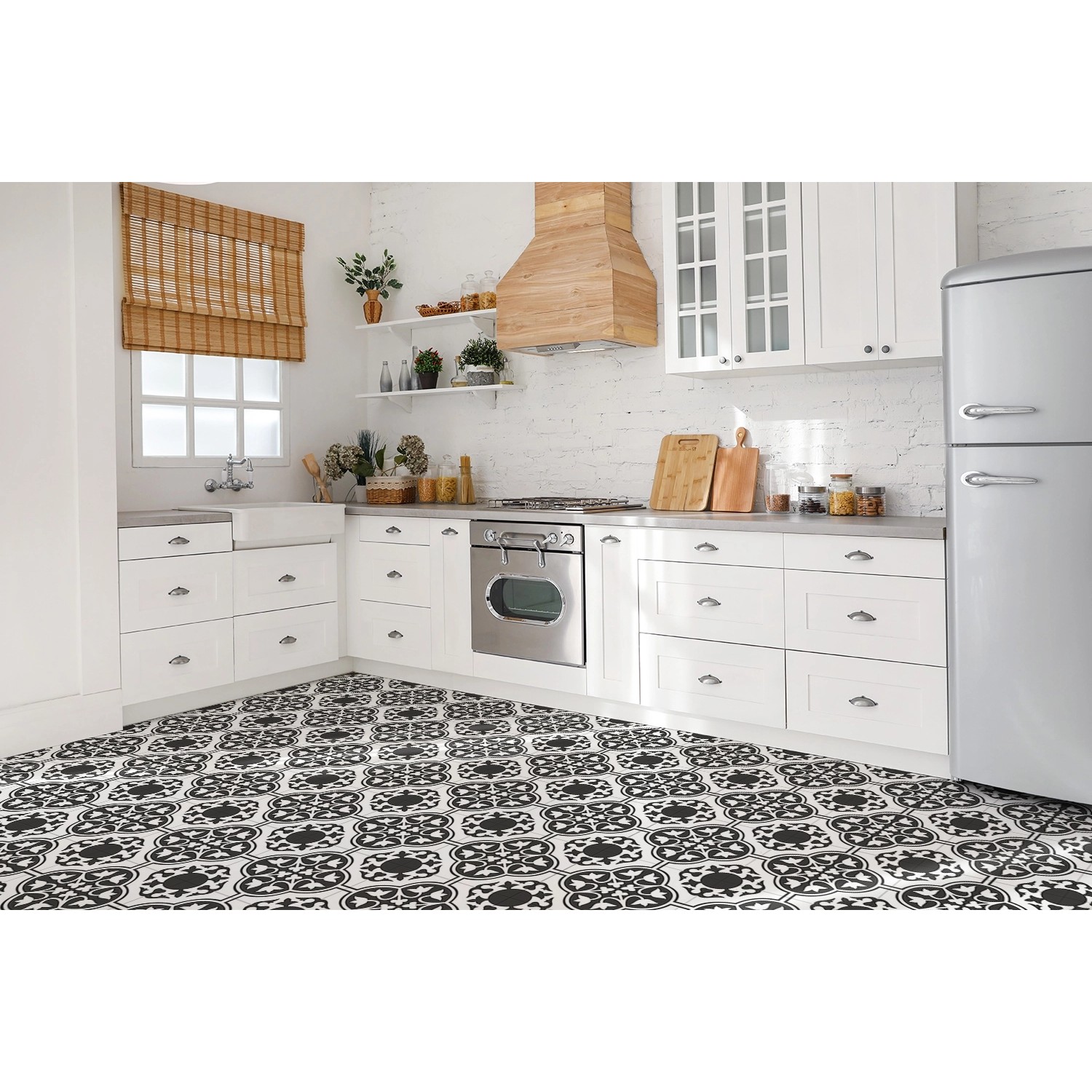 Tulup PVC Fliesen Selbstklebende 30 cm x 30 cm Set von 9 Klassische Klebefliesen Vinyl Bodenfliesen Klebefliesen für Küche Blumenornament_2