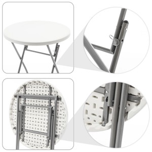 Detailansichten des weißen, runden KARAT Klapptisch Nagano Gartentisch/Stehtisch (Ø 80cm), zusammengeklappt.