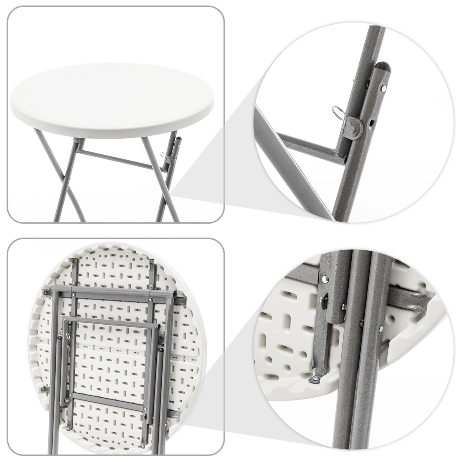 Detailansichten des weißen, runden KARAT Klapptisch Nagano Gartentisch/Stehtisch (Ø 80cm), zusammengeklappt.