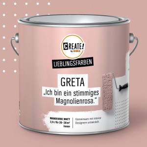 CREATE! by OBI Wandfarbe Greta Magnolienrosa, matte Innenfarbe im Farbeimer.