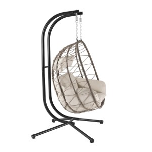 Beiger Juskys Doppel Hängesessel Aria mit Gestell. Gartenmöbel für 2 Personen mit Polyrattan-Korb und Kissen.