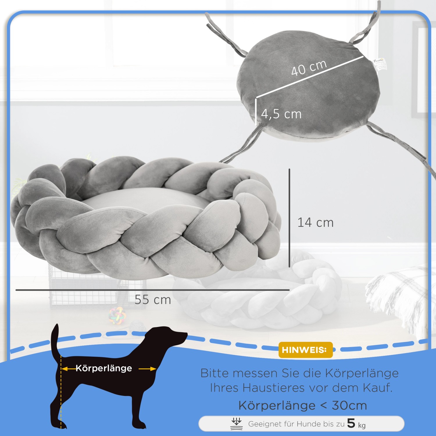 Graues PawHut Katzenbett Donut mit geflochtenem Rand, Ø55cm, waschbar und extra gepolstert.