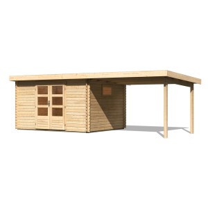 Naturbelassenes Karibu Gartenhaus Jeebel 4 m mit Schleppdach (300 cm) aus Holz.