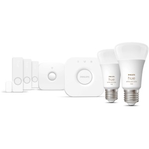 Philips Hue Secure Starter-Set mit Kontaktsensoren, Bewegungssensor, 2 Lampen und Bridge.