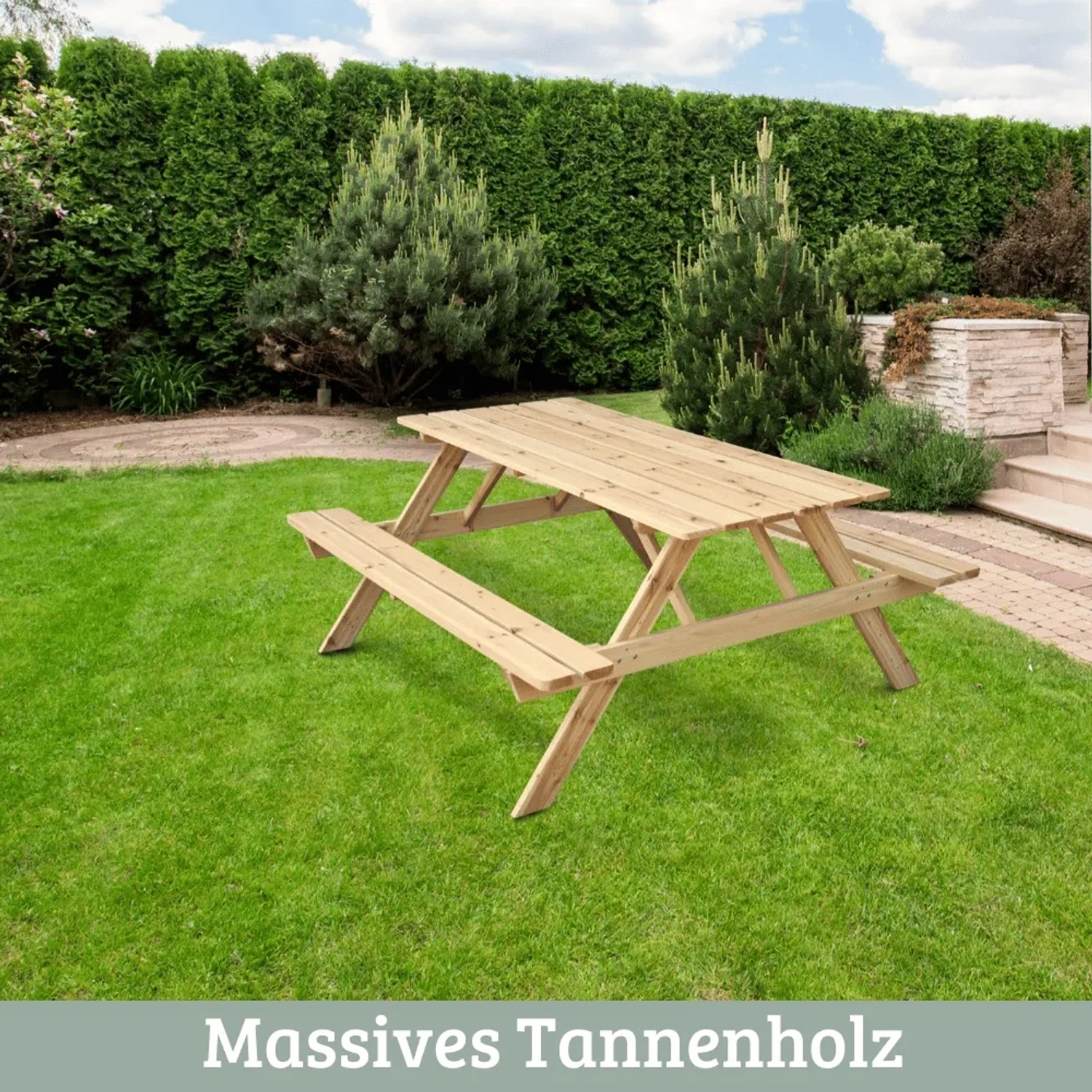 DELUKE Outdoor Picknicktisch KLEIS 140cm Massives Tannenholz Faltbare Sitze Picknickbank Sitzgruppe Aussen Bank Sitzbank Gartenbank_3