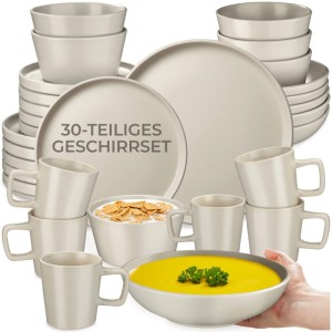 Tectake Kombiservice Una, 30-teilig, taupefarbenes Geschirr-Set im Urban Style für 6 Personen.