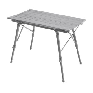 Silberner Aluminium Campingtisch mit rollbarer Tischplatte und höhenverstellbaren Beinen. Perfekt für Garten & Camping.