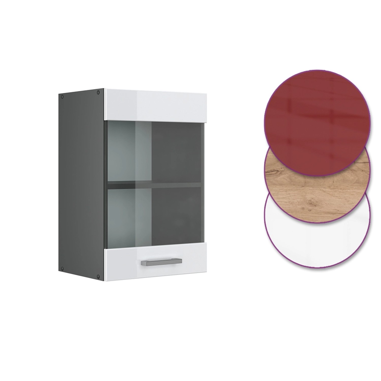 Vicco Küchenglasschrank R-Line, 40 cm, Weiß Hochglanz/Anthrazit. Hängeschrank mit Glastür und Schublade.