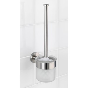 Wenko WC-Garnitur Bosio, silber matt, mit Glasbehälter und Edelstahlhalterung zur Wandmontage.