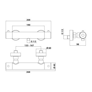 Technische Zeichnung des Schöner Wohnen Dusch-Thermostat Dicu Eco-Stop Chrom mit Maßen.