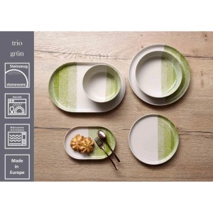 Ritzenhoff & Breker Trio Tafelservice 12-teilig aus Steinzeug. Grün-weiße Teller, Schalen mit Scandi-Blockstreifen-Design.