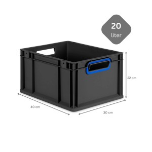 PROREGAL Eurobox Nextgen, 20 Liter, schwarz mit blauen Griffen. Aufbewahrungsbox für Lager und Transport.