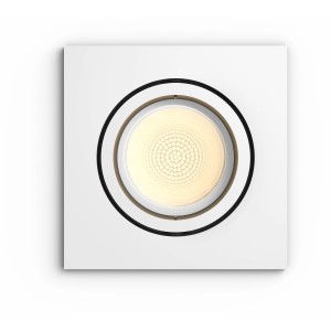 Eckiger, weißer Philips Hue Einbauspot Centura mit LED-Licht und Farbwechsel.