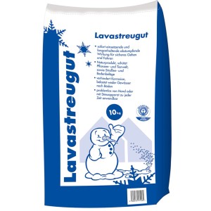 Lavastreugut 10kg im blauen Sack mit Schneemann-Motiv. Winterstreumittel für sicheren Halt bei Eis und Schnee.