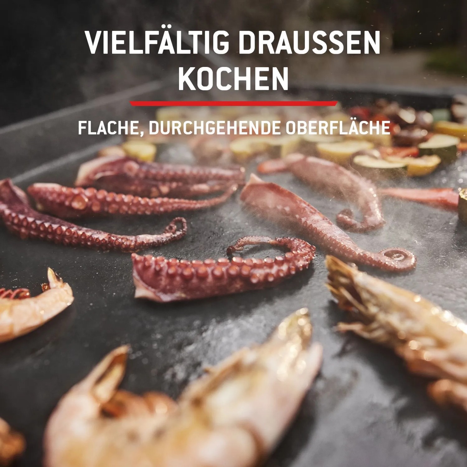Weber Gasgrill Slate: Grillplatte mit Meeresfrüchten und Gemüse. Vielseitiges Grillen im Freien.