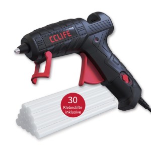 CCLIFE Heißklebepistole 20W, schwarz-rot, mit 30 Klebestiften. Ideal für Basteln & Reparaturen.