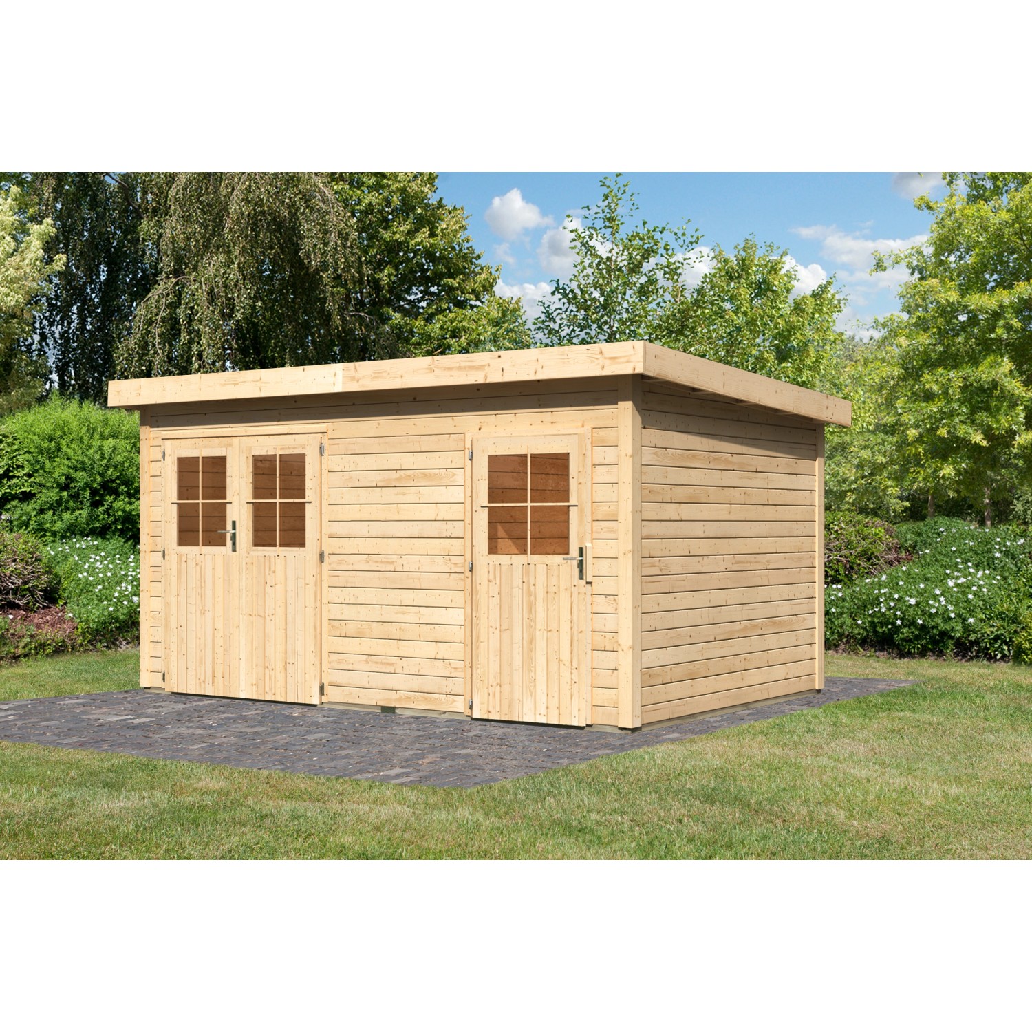 Karibu Holz-Gartenhaus Glostrup Natur Flachdach Unbehandelt 420 cm x 270 cm günstig online kaufen