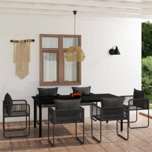 7-teilige Garten-Essgruppe vidaXL, schwarz, mit Tisch aus Glas und Stühlen aus Rattan mit Kissen.