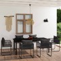 7-teilige Garten-Essgruppe vidaXL, schwarz, mit Tisch aus Glas und Stühlen aus Rattan mit Kissen.