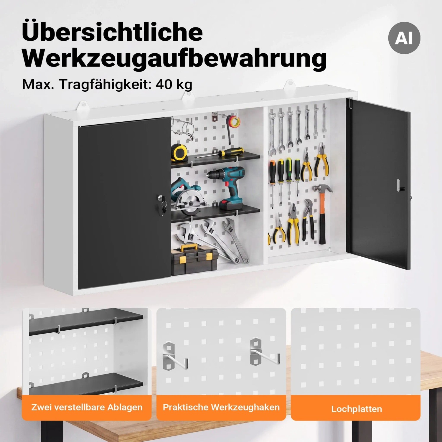 Grauer Wiltec Hängeschrank aus Stahl mit schwarzen, abschließbaren Türen, gefüllt mit Werkzeugen auf Lochwand und Ablagen.