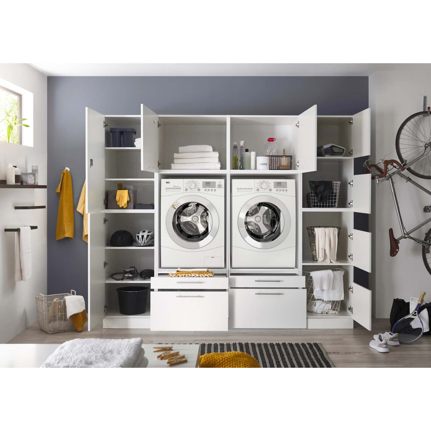 Respekta Hauswirtschaftsraum Set Clara, 200cm, Weiß Matt, mit Waschmaschinenschränken, Hoch- und Wäscheschrank.