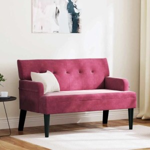 Elegante, weinrote Chesterfield Bank aus Samt, 112 cm breit. Sitzbank mit Knopfheftung und dunklen Holzfüßen.
