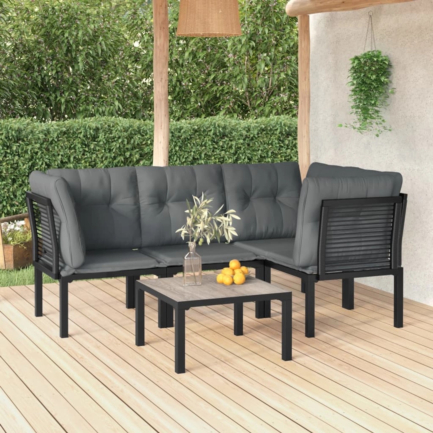 vidaXL Garten-Lounge-Set, 5-teilig, schwarz/grau, Poly Rattan, mit Tisch und Polstern.