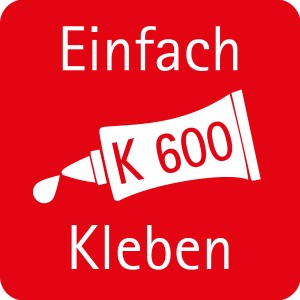 Symbol für einfaches Kleben mit Klebertube K 600 auf rotem Grund.