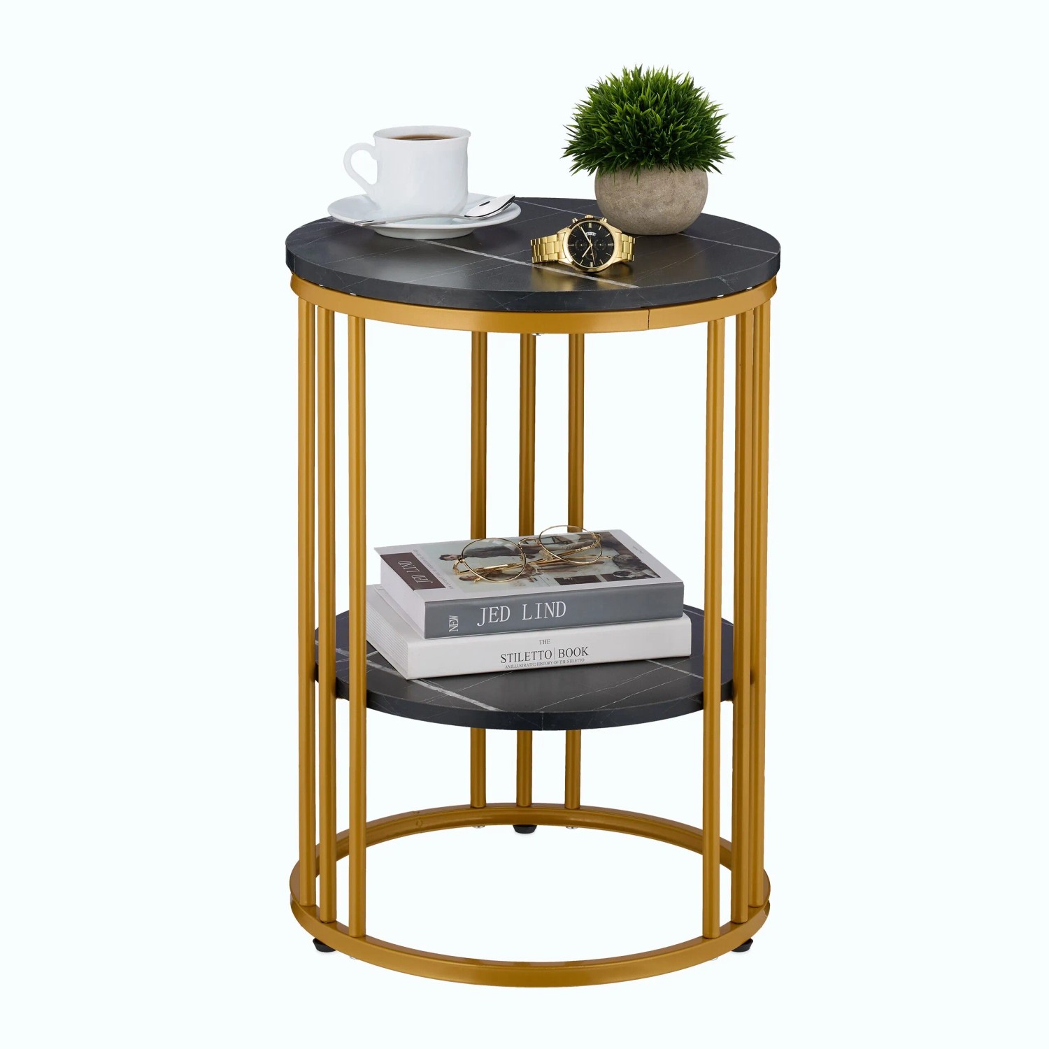 Relaxdays Beistelltisch Eisen MDF Schwarz Gold Marmoroptik Höhenverstellbar 56 cm x 40 cm 3,8 kg