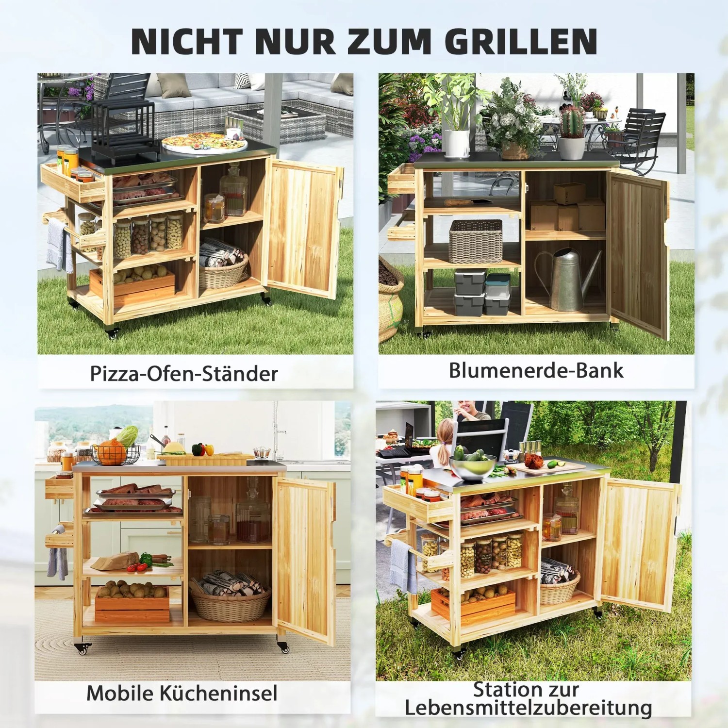 Outsunny Grillwagen aus Stahl und Tannenholz mit Ablagen und Rollen.